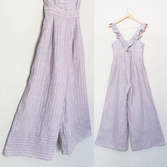 Anthropologie Elevenses Linen Nantucket Ruffle Wide Leg Jumpsuit Lavender $148 - Picture 15 of 16